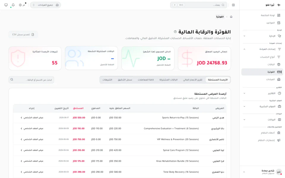 Billing and financial control in TheraFlow